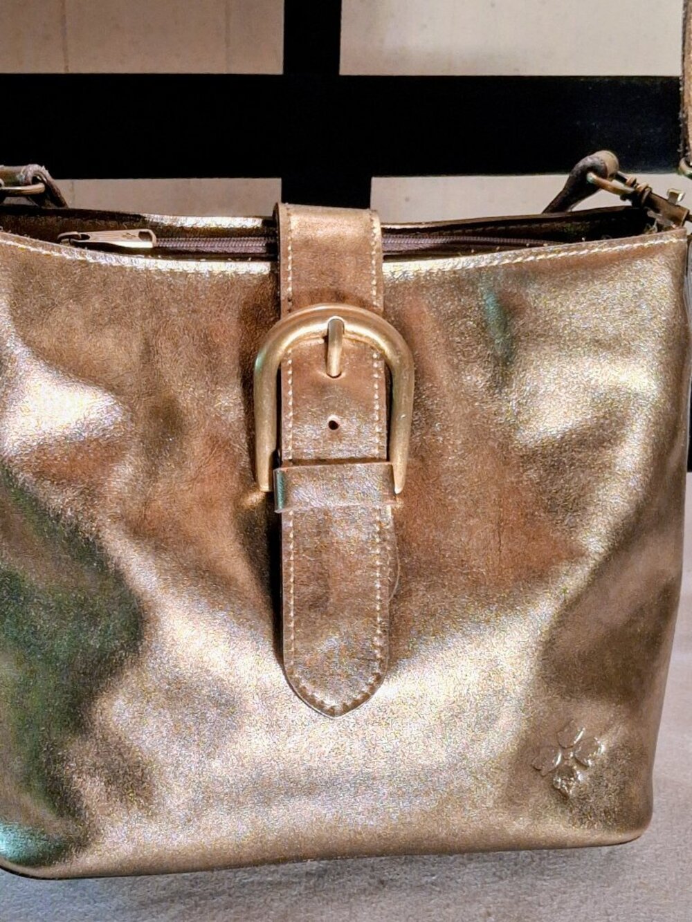 PATRICIA NASH Belted Leather Bucket Antique Gold Irving Crossbody Purse 12X8.5X5